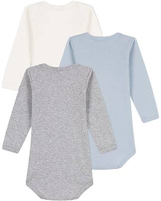Petit Bateau Body Manica Lunga - Pacco da 3 - Bianco/Azzurro/Grigio - 100% Cotone Body Manica Lunga