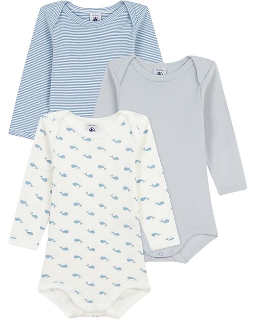 Petit Bateau Body Manica Lunga - Pacco da 3 - Bianco Blu e Beige - Millerighe e Balene - 100% Cotone Bio Body Manica Lunga