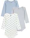 Petit Bateau Body Manica Lunga - Pacco da 3 - Bianco Blu e Beige - Millerighe e Balene - 100% Cotone Bio Body Manica Lunga