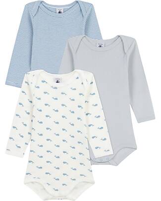Petit Bateau Body Manica Lunga - Pacco da 3 - Bianco Blu e Beige - Millerighe e Balene - 100% Cotone Bio Body Manica Lunga