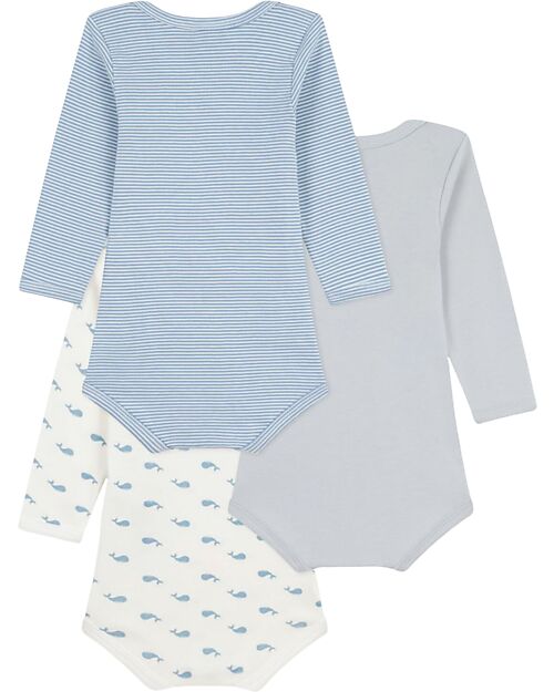 Petit Bateau Body Manica Lunga - Pacco da 3 - Bianco Blu e Beige - Millerighe e Balene - 100% Cotone Bio Body Manica Lunga