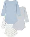Petit Bateau Body Manica Lunga - Pacco da 3 - Bianco Blu e Beige - Millerighe e Balene - 100% Cotone Bio Body Manica Lunga