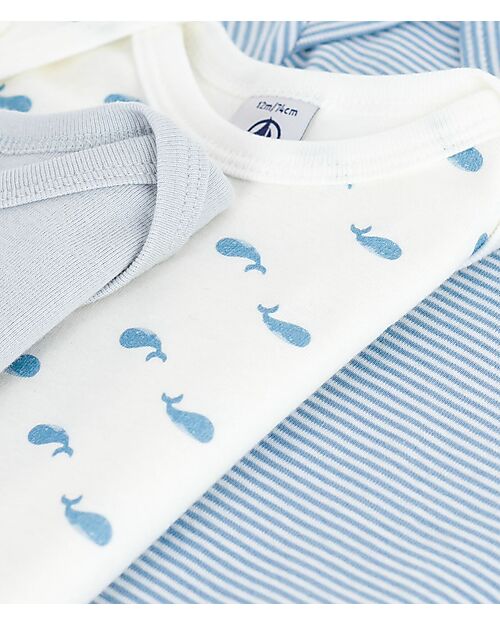 Petit Bateau Body Manica Lunga - Pacco da 3 - Bianco Blu e Beige - Millerighe e Balene - 100% Cotone Bio Body Manica Lunga