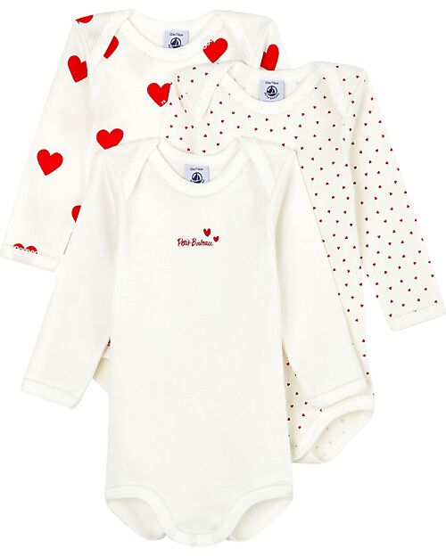 Petit Bateau Body Manica Lunga - Pacco da 3 - Bianco con fantasia a cuore/Bianco - 100 %Cotone Body Manica Lunga