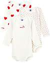 Petit Bateau Body Manica Lunga - Pacco da 3 - Bianco con fantasia a cuore/Bianco - 100 %Cotone Body Manica Lunga
