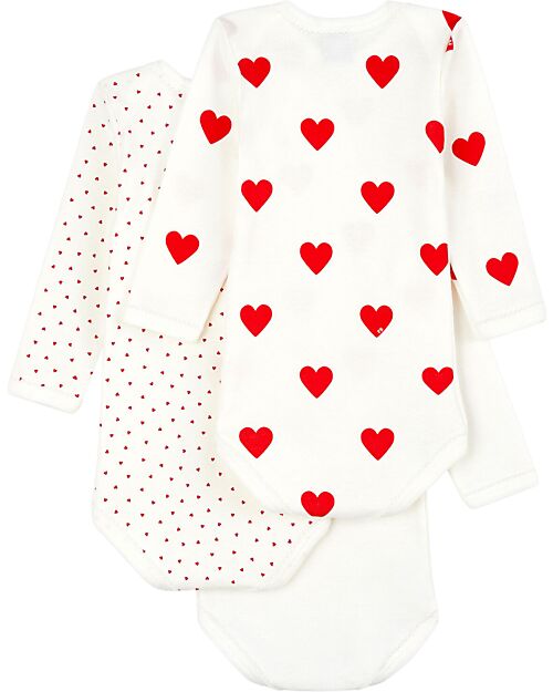 Petit Bateau Body Manica Lunga - Pacco da 3 - Bianco con fantasia a cuore/Bianco - 100 %Cotone Body Manica Lunga