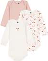 Petit Bateau Body Manica Lunga - Pacco da 3 - Bianco con Uccellino Singolo/Rosa/Bianco con Fantasia Uccellini - 100% Cotone Body Manica Lunga
