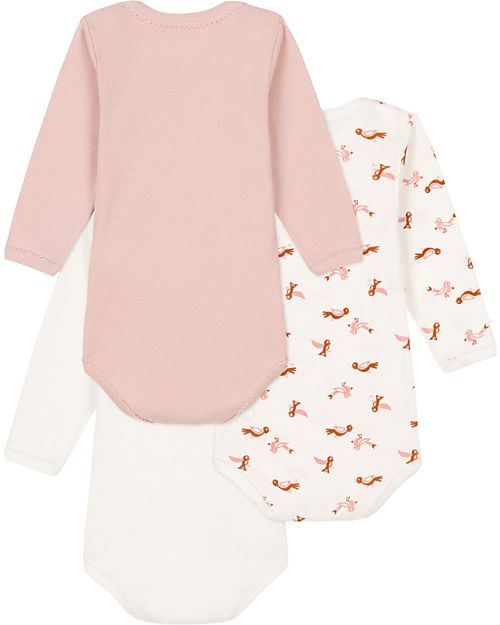 Petit Bateau Body Manica Lunga - Pacco da 3 - Bianco con Uccellino Singolo/Rosa/Bianco con Fantasia Uccellini - 100% Cotone Body Manica Lunga