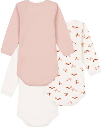 Petit Bateau Body Manica Lunga - Pacco da 3 - Bianco con Uccellino Singolo/Rosa/Bianco con Fantasia Uccellini - 100% Cotone Body Manica Lunga