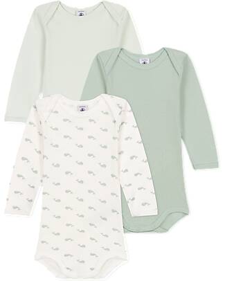 Petit Bateau Body Manica Lunga - Pacco da 3 - Bianco e Verde Salvia - Balene - 100% Cotone Bio Body Manica Lunga