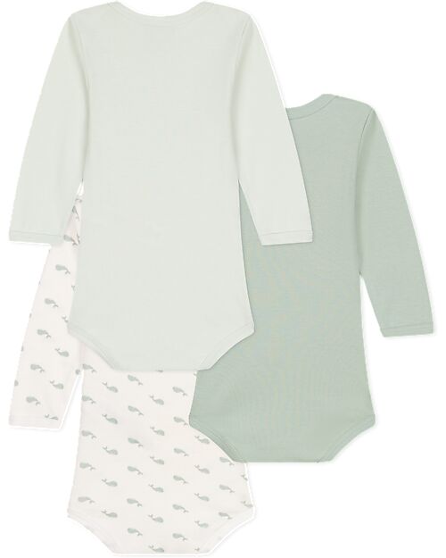Petit Bateau Body Manica Lunga - Pacco da 3 - Bianco e Verde Salvia - Balene - 100% Cotone Bio Body Manica Lunga