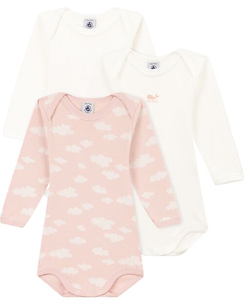 Petit Bateau Body Manica Lunga - Pacco da 3 - Bianco/Rosa con Nuvole - 100% Cotone Bio Body Manica Lunga