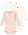 Petit Bateau Body Manica Lunga - Pacco da 3 - Bianco/Rosa con Nuvole - 100% Cotone Bio Body Manica Lunga
