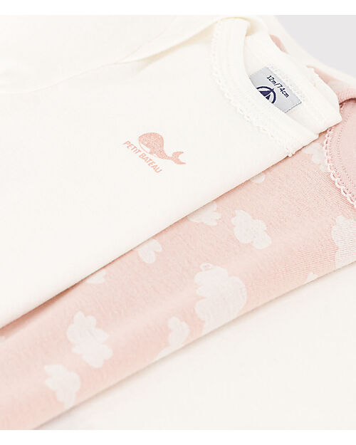 Petit Bateau Body Manica Lunga - Pacco da 3 - Bianco/Rosa con Nuvole - 100% Cotone Bio Body Manica Lunga