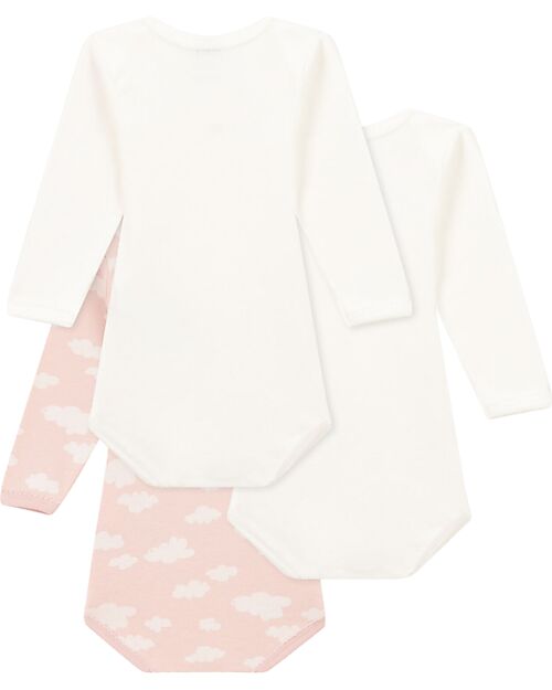 Petit Bateau Body Manica Lunga - Pacco da 3 - Bianco/Rosa con Nuvole - 100% Cotone Bio Body Manica Lunga