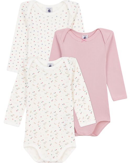 Petit Bateau Body Manica Lunga - Pacco da 3 - Bianco Rosa - Fiori - 100% Cotone Bio Body Manica Lunga