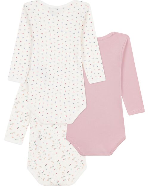 Petit Bateau Body Manica Lunga - Pacco da 3 - Bianco Rosa - Fiori - 100% Cotone Bio Body Manica Lunga