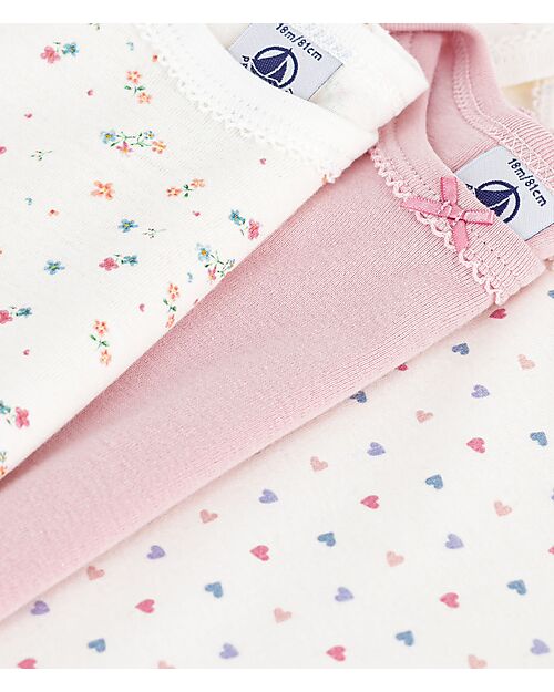 Petit Bateau Body Manica Lunga - Pacco da 3 - Bianco Rosa - Fiori - 100% Cotone Bio Body Manica Lunga