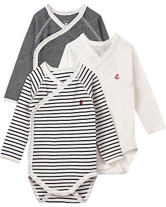 Petit Bateau Body Manica Lunga - Pacco da 3 - Righe - Blu Navy/Bianco - 100% Cotone Body Manica Lunga