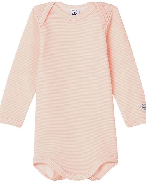 Petit Bateau Body Manica Lunga - Rosa Millerighe- Lana e Cotone Biologico Body Manica Lunga