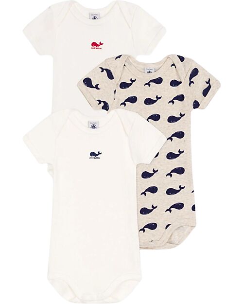 Petit Bateau Body Maniche Corte - Pacco da 3 - Balene - 100% Cotone Bio Body Manica Corta