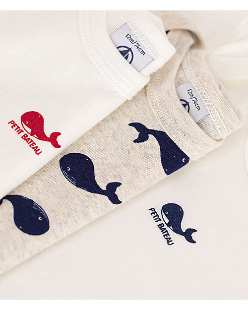 Petit Bateau Body Maniche Corte - Pacco da 3 - Balene - 100% Cotone Bio Body Manica Corta