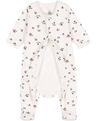 Petit Bateau Body/Pigiama Manica Lunga - Marshmallow - Fiori - Bianco - 100% Cotone Tutine Lunghe
