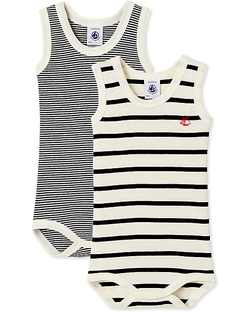 Petit Bateau Body Senza Maniche, Pacco da 2, Righe Bianco e Blu - 100% cotone Body Manica Corta