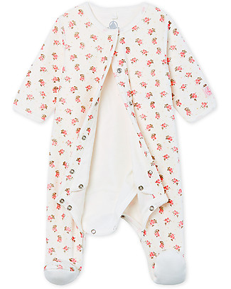 Petit Bateau Bodyjama: Body+Pigiama, Bianco/Fiorellini - Ciniglia Tutine Lunghe Con Piedi