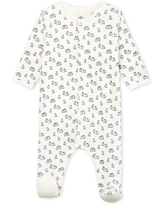 Petit Bateau Bodyjama: Body+Pigiama, Bianco/Uccellini - Ciniglia Tutine Lunghe Con Piedi