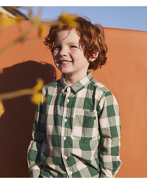 Petit Bateau Camicia Manica Lunga con Fantasia a Scacchi Verde Bianco Avalanche unisex bambini