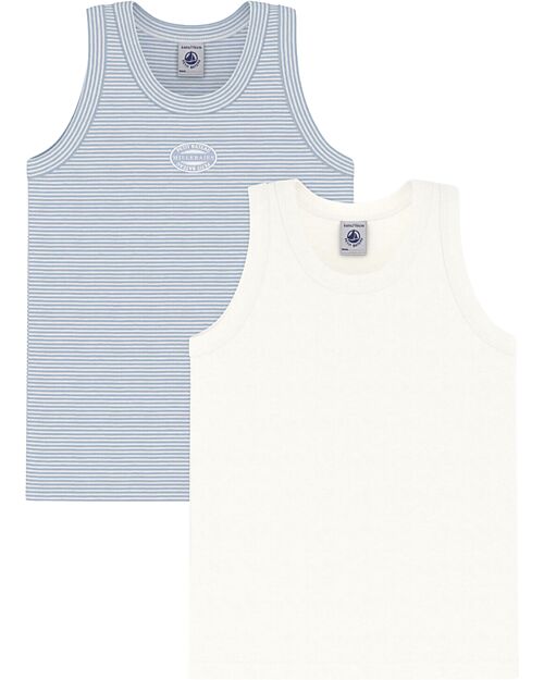 Petit Bateau Canotta - Pacco da 2 - Bianco e Azzurro - Righe - 100% Cotone Bio Canottiere