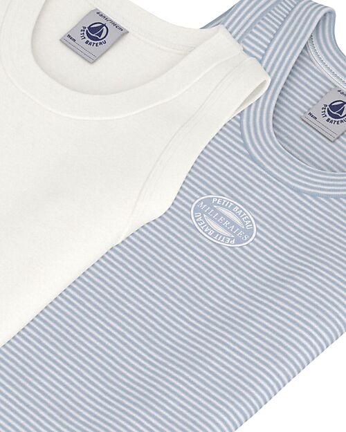 Petit Bateau Canotta - Pacco da 2 - Bianco e Azzurro - Righe - 100% Cotone Bio Canottiere