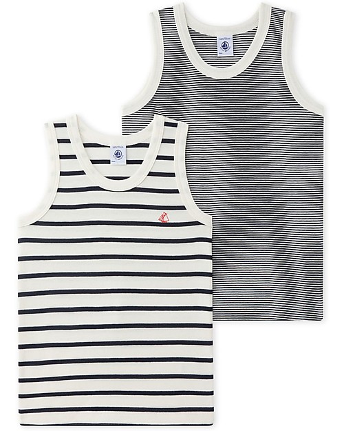 Petit Bateau Canotta - Pacco da 2 - Righe Bianco e Nero - 100% Cotone Canottiere