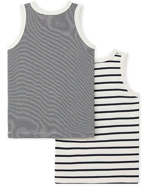 Petit Bateau Canotta - Pacco da 2 - Righe Bianco e Nero - 100% Cotone Canottiere