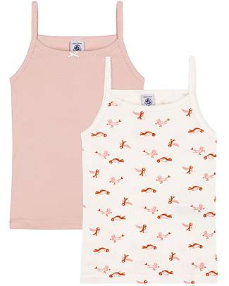 Petit Bateau Canottiera da Bambina - Pacco da 2 - Rosa/Bianco con Uccellini - 100% Cotone Biologico Canotte