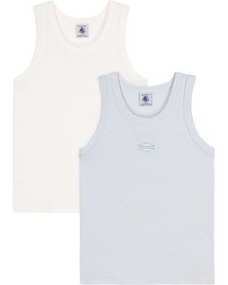 Petit Bateau Canottiera Spalla Larga - Pacco da 2 - Azzurro Millerighe/Bianco - 100% Cotone Canotte
