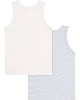 Petit Bateau Canottiera Spalla Larga - Pacco da 2 - Azzurro Millerighe/Bianco - 100% Cotone Canotte