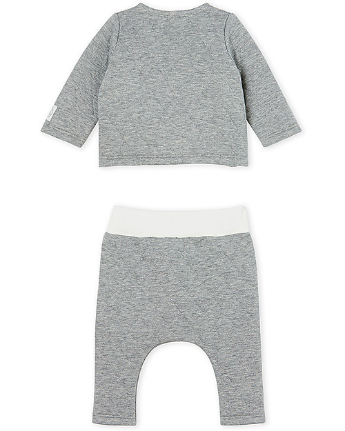 Petit Bateau Completo Bebe Due Pezzi in Tubique Trapuntato, Grigio - Cotone bio Body Manica Lunga