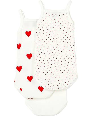 Petit Bateau Confezione da 3 Body con Spalline - Bianco/Cuori - 100% Cotone Organico Body Manica Corta