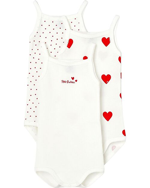 Petit Bateau Confezione da 3 Body con Spalline - Bianco/Cuori - 100% Cotone Organico Body Manica Corta
