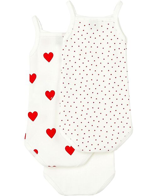Petit Bateau Confezione da 3 Body con Spalline - Bianco/Cuori - 100% Cotone Organico Body Manica Corta
