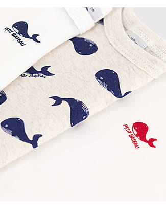 Petit Bateau Confezione da 3 Body Manica Corta - Bianco/Panna - Fantasia Balena - 100% Cotone Organico Body Manica Corta