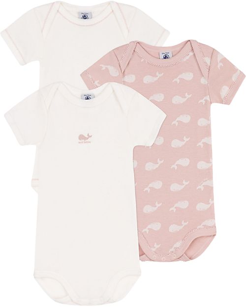 Petit Bateau Confezione da 3 Body Manica Corta - Bianco/Rosa - Fantasia Balena - 100% Cotone Organico Body Manica Corta