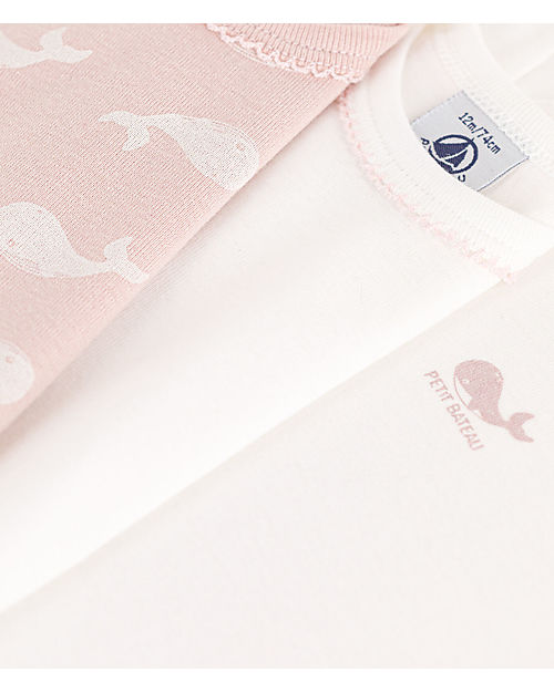 Petit Bateau Confezione da 3 Body Manica Corta - Bianco/Rosa - Fantasia Balena - 100% Cotone Organico Body Manica Corta
