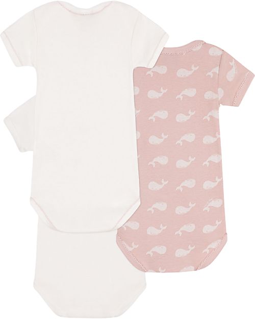 Petit Bateau Confezione da 3 Body Manica Corta - Bianco/Rosa - Fantasia Balena - 100% Cotone Organico Body Manica Corta