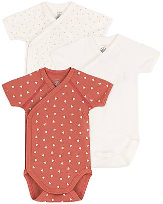 Petit Bateau Confezione da 3 Body Manica Corta - Cuori - Rosso/Bianco/Giallo - 100% Cotone Body Manica Corta