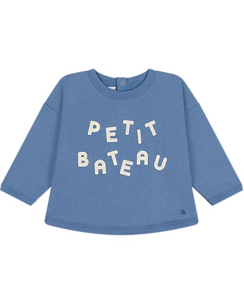 Petit Bateau Felpa a Maniche Lunghe - Azzurro - Logo - 100% Cotone Felpe