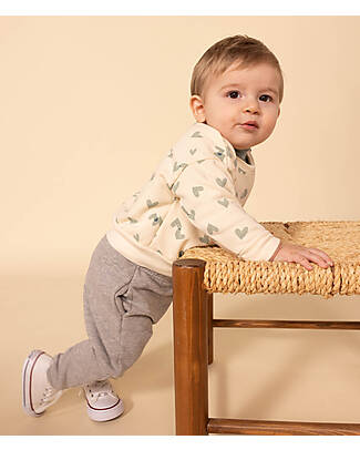 Petit Bateau Felpa - Petit Bateau - Bianco con Cuori Verdi - 100% Cotone Bio Felpato Felpe