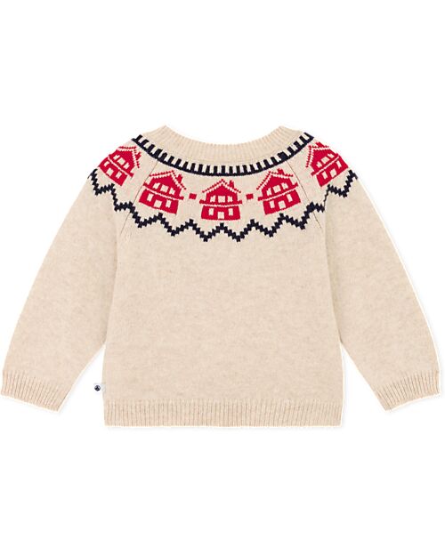 Petit Bateau Maglione in Tricot - Manica Lunga - Beige/Bianco - Lavorato a Maglia in Lana e Cotone Maglioni